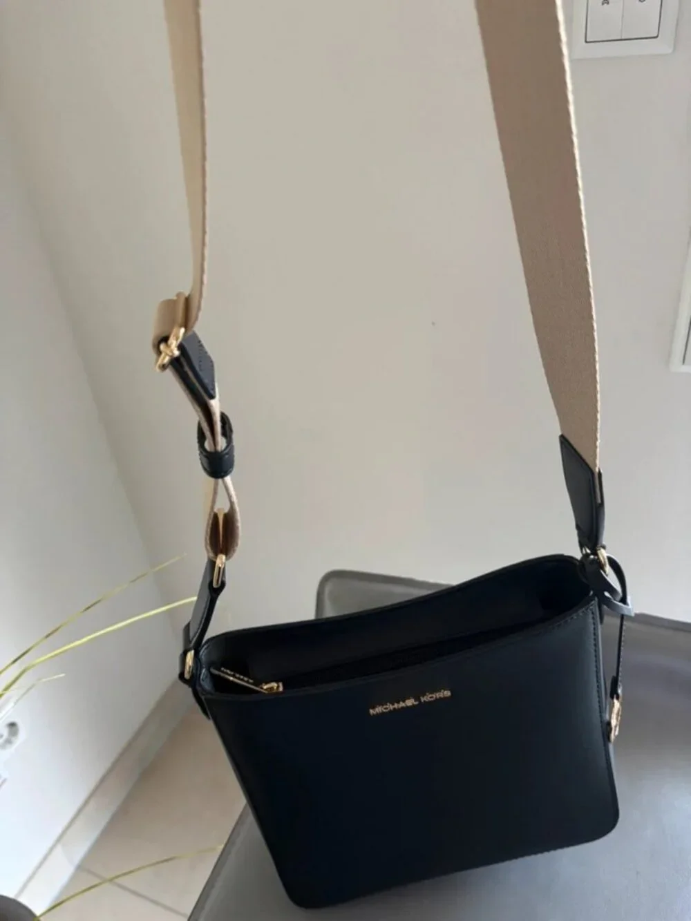 Michael Kors Black Saffiano Leather Shoulder Bag with Gold Tone Details